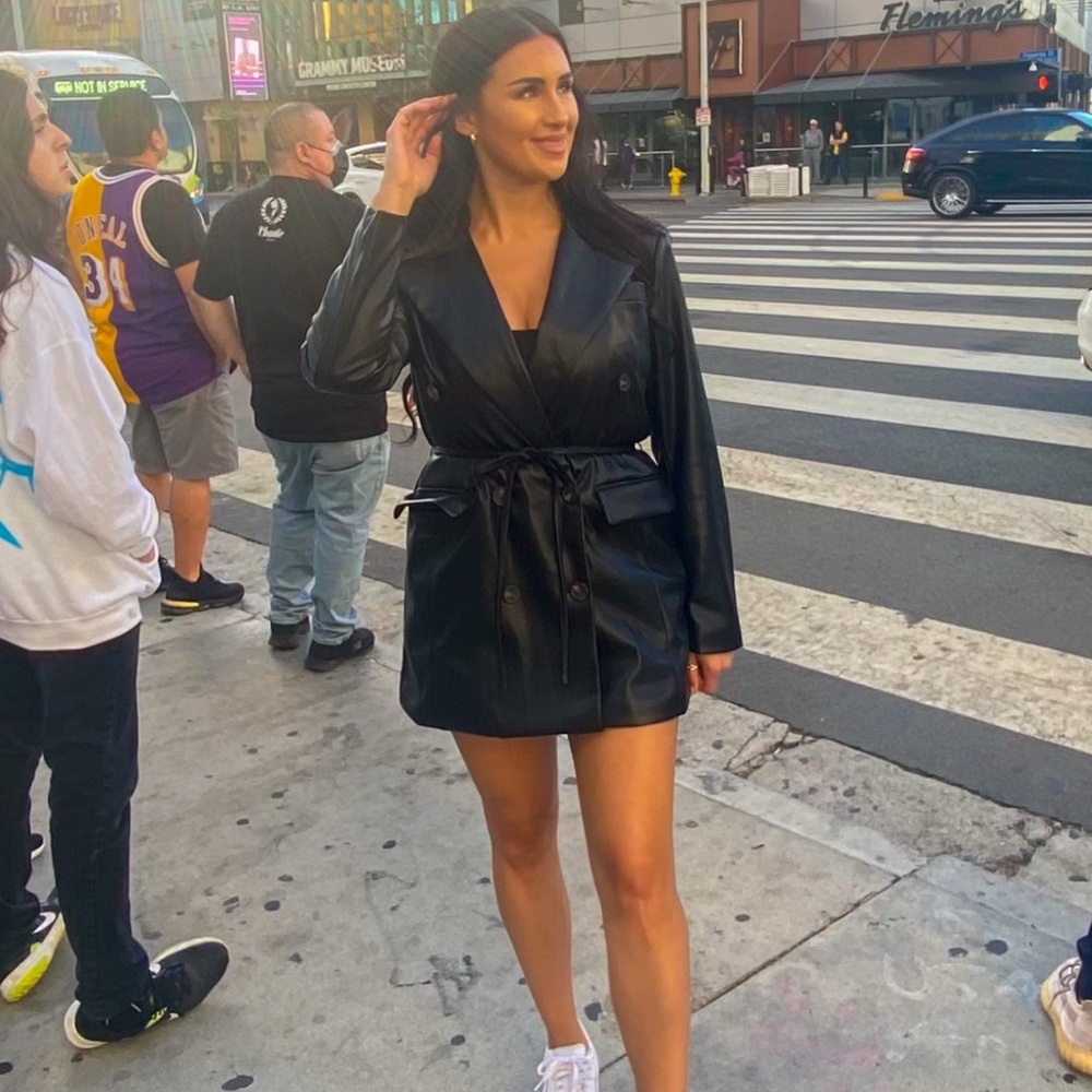 7 For All Mankind Black Faux Leather Belted Double-Breasted Blazer